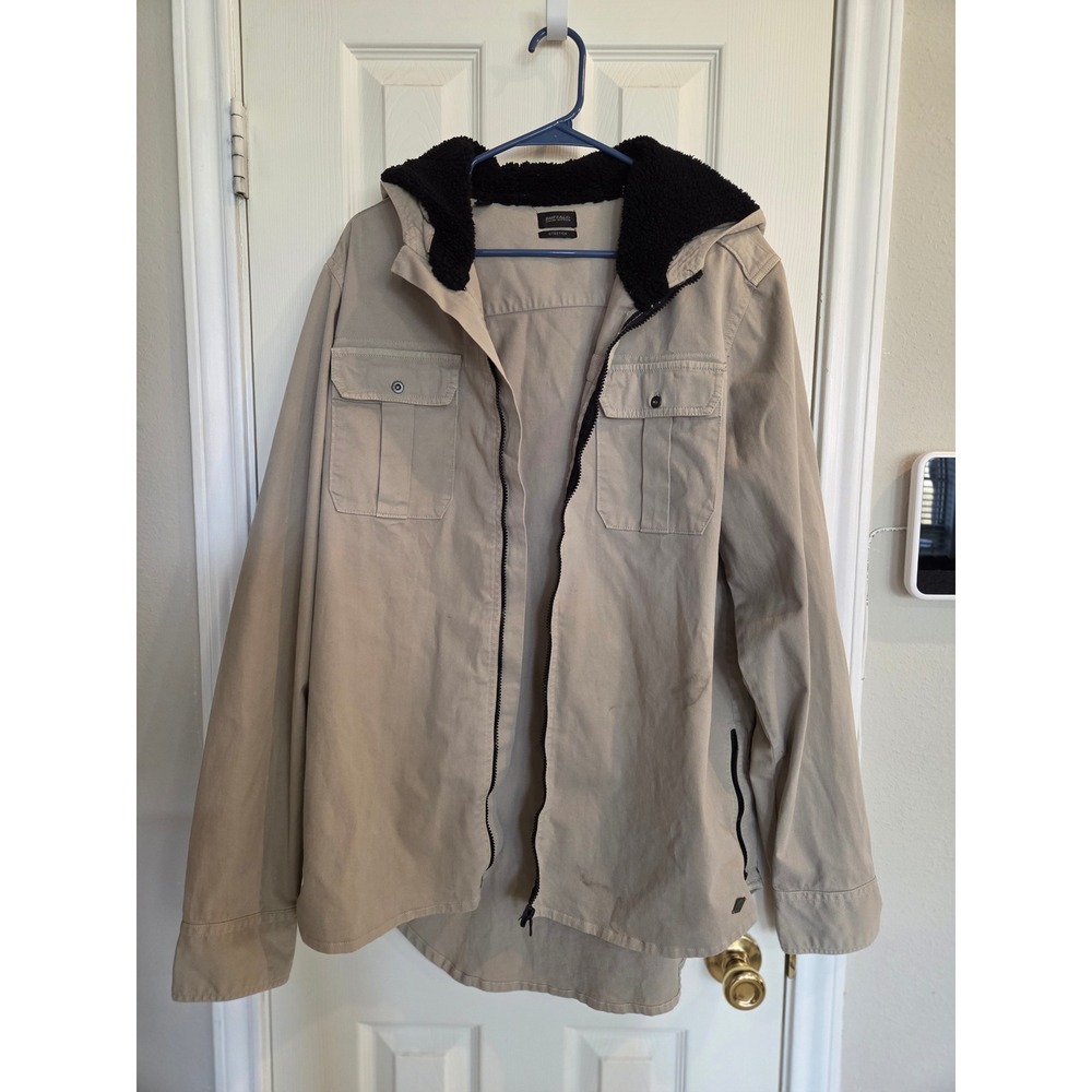 Buffalo David Bitton Mens XL Khaki Sherpa Hooded Shirt Jacket Off Guard Graphic